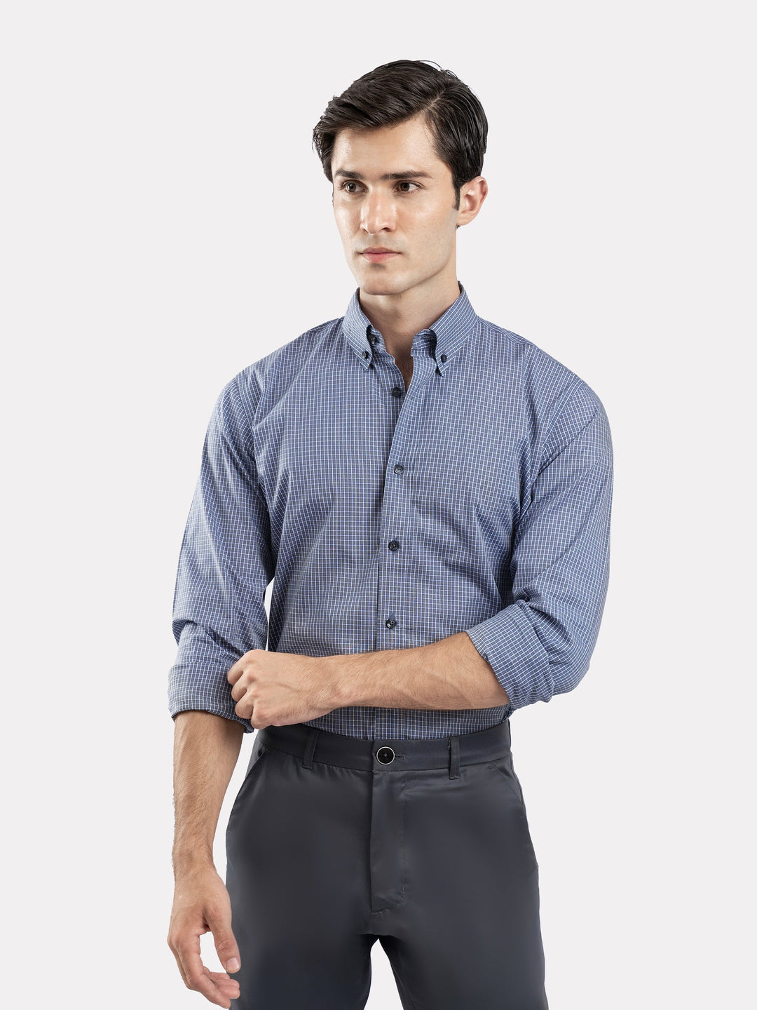 Brumano Ready To Wear Shirts Men 1 Piece Cotton Blue & Grey Gingham Button Down Shirt 0-31-025-4698 - Summer Collection