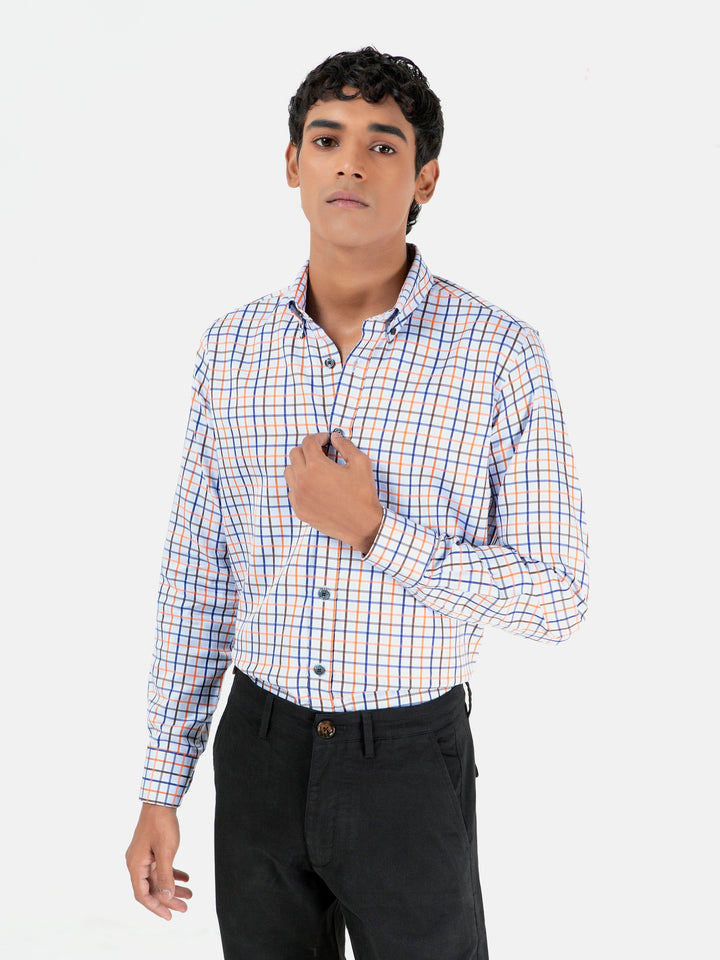 Brumano Ready To Wear Shirts Men 1 Piece Cotton Blue & Orange Windowpane Checkered Button Down Shirt 0-31-023-2100 - Summer Collection