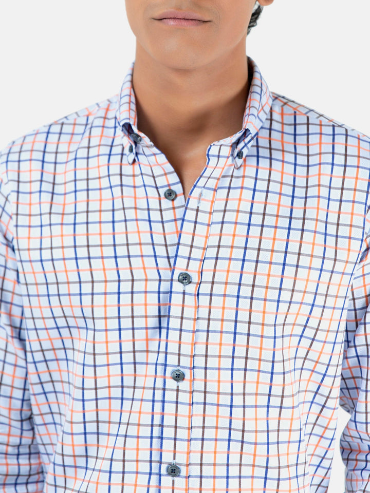 Brumano Ready To Wear Shirts Men 1 Piece Cotton Blue & Orange Windowpane Checkered Button Down Shirt 0-31-023-2100 - Summer Collection