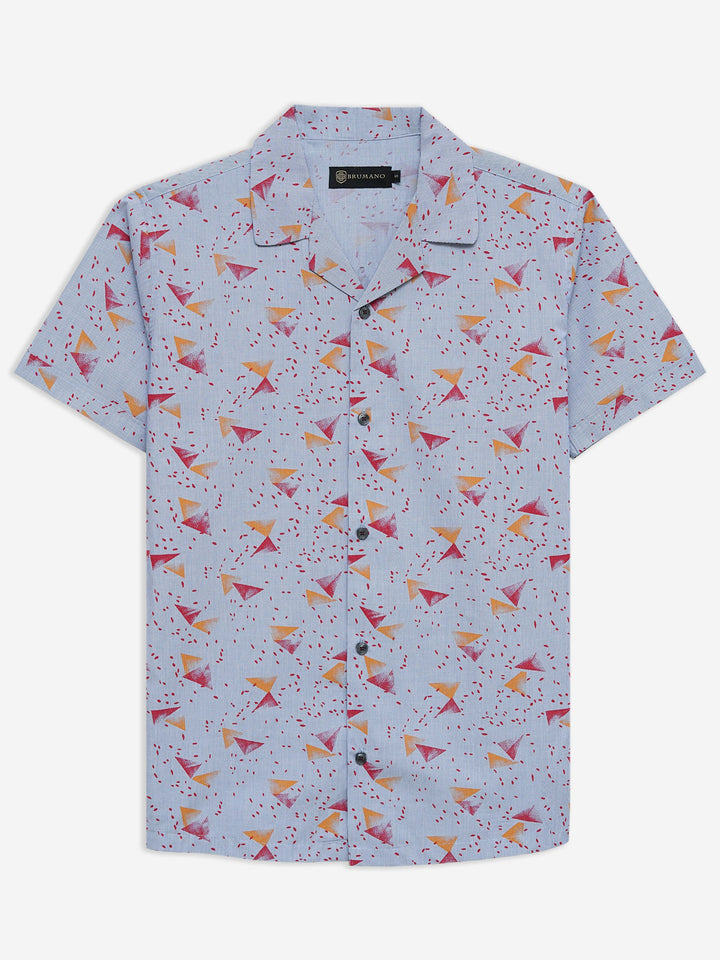 Brumano Ready To Wear Shirts Men 1 Piece Cotton Blue & Red Abstract Printed Half Sleeve Cuban Collar Shirt 0-33-024-3237 - Summer Collection