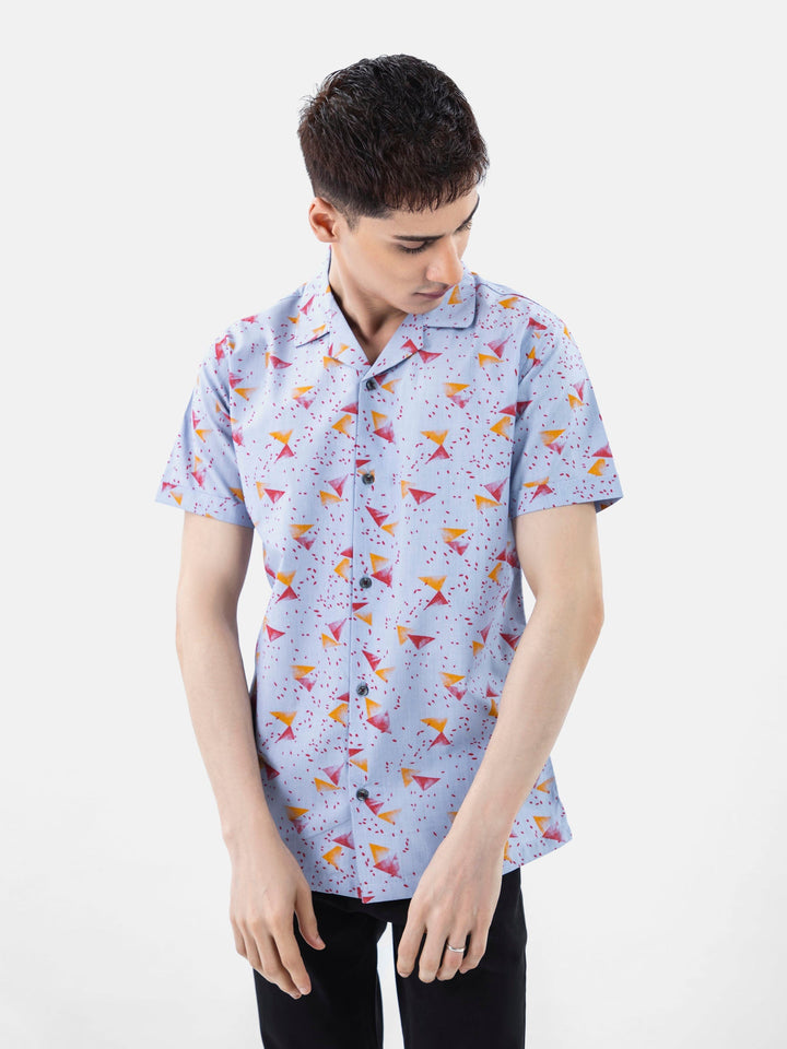 Brumano Ready To Wear Shirts Men 1 Piece Cotton Blue & Red Abstract Printed Half Sleeve Cuban Collar Shirt 0-33-024-3237 - Summer Collection