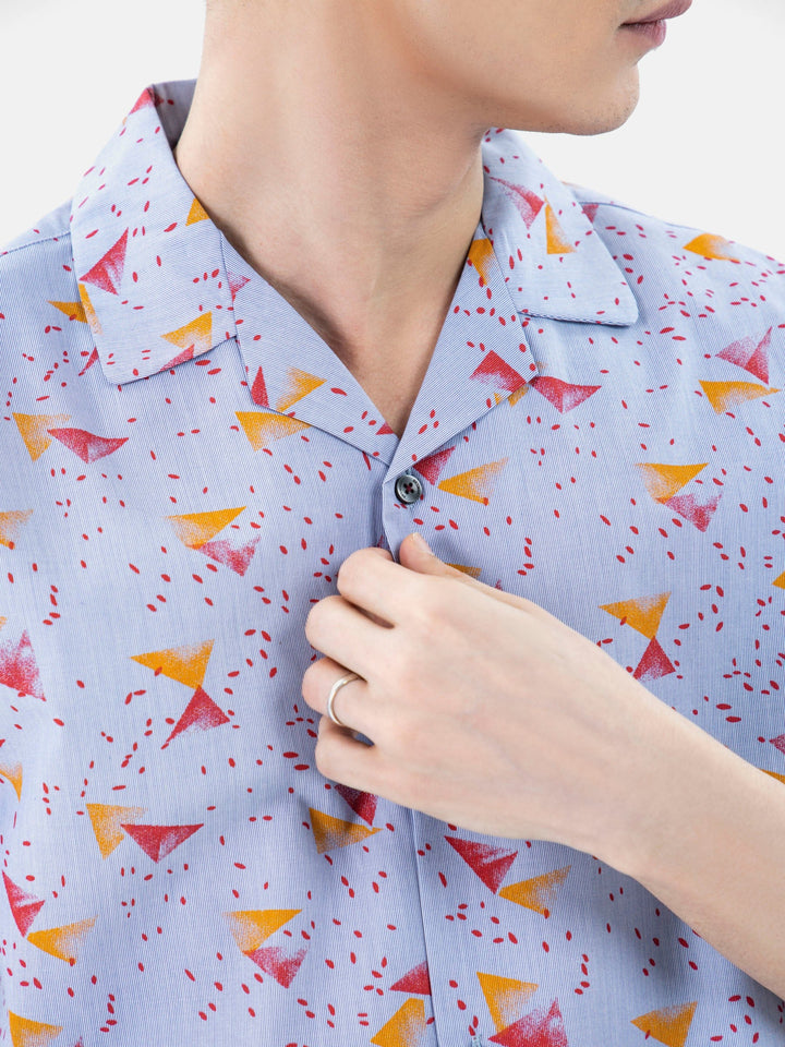 Brumano Ready To Wear Shirts Men 1 Piece Cotton Blue & Red Abstract Printed Half Sleeve Cuban Collar Shirt 0-33-024-3237 - Summer Collection