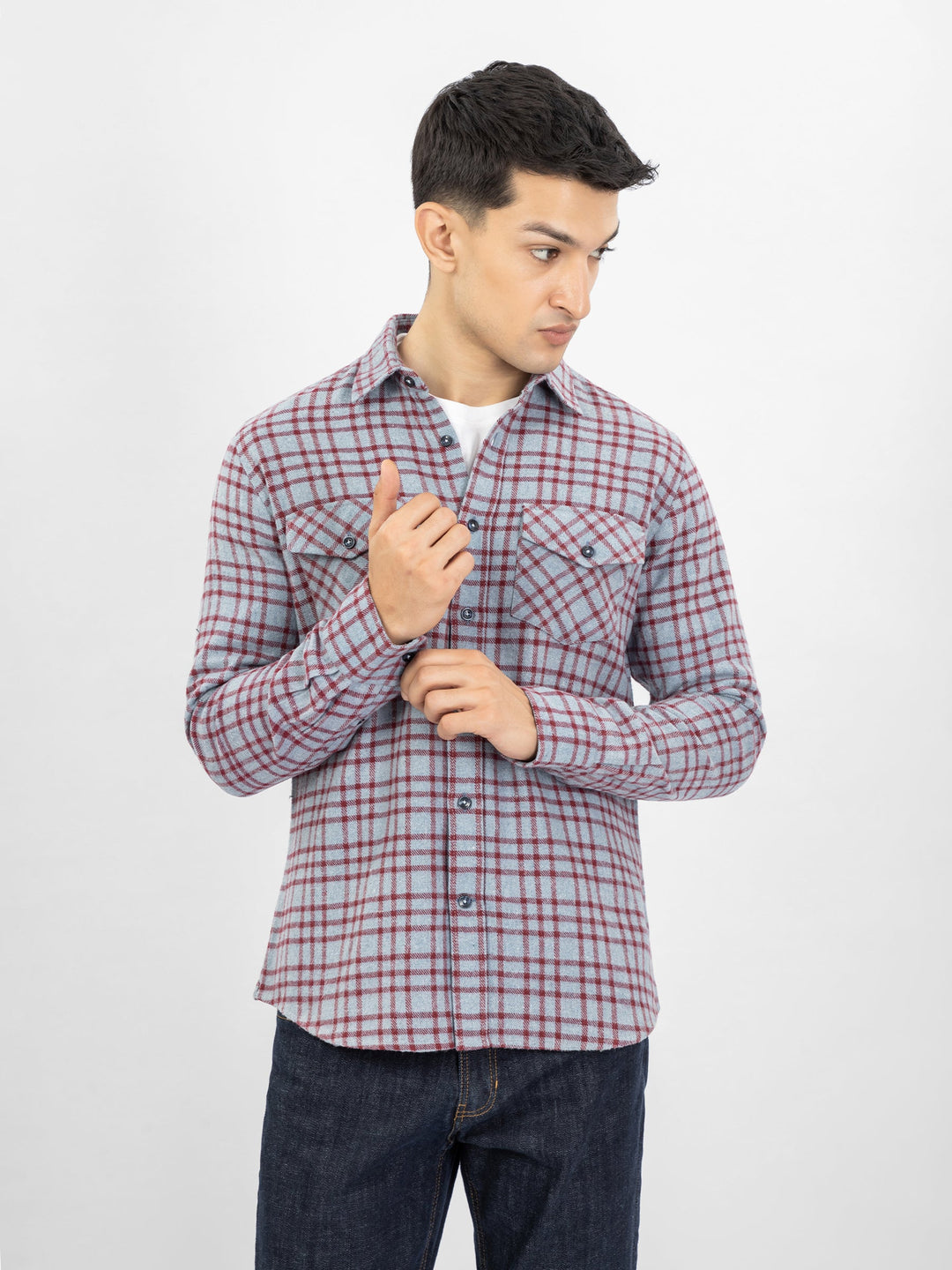 Brumano Ready To Wear Shirts Men 1 Piece Cotton Blue & Red Flannel Checkered Shirt 0-31-025-3922 - Summer Collection