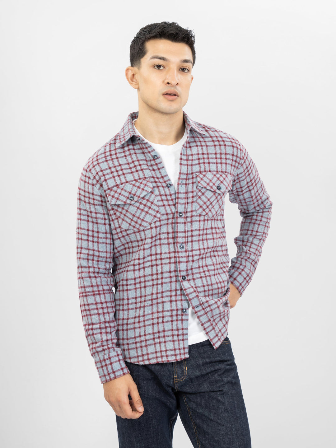 Brumano Ready To Wear Shirts Men 1 Piece Cotton Blue & Red Flannel Checkered Shirt 0-31-025-3922 - Summer Collection
