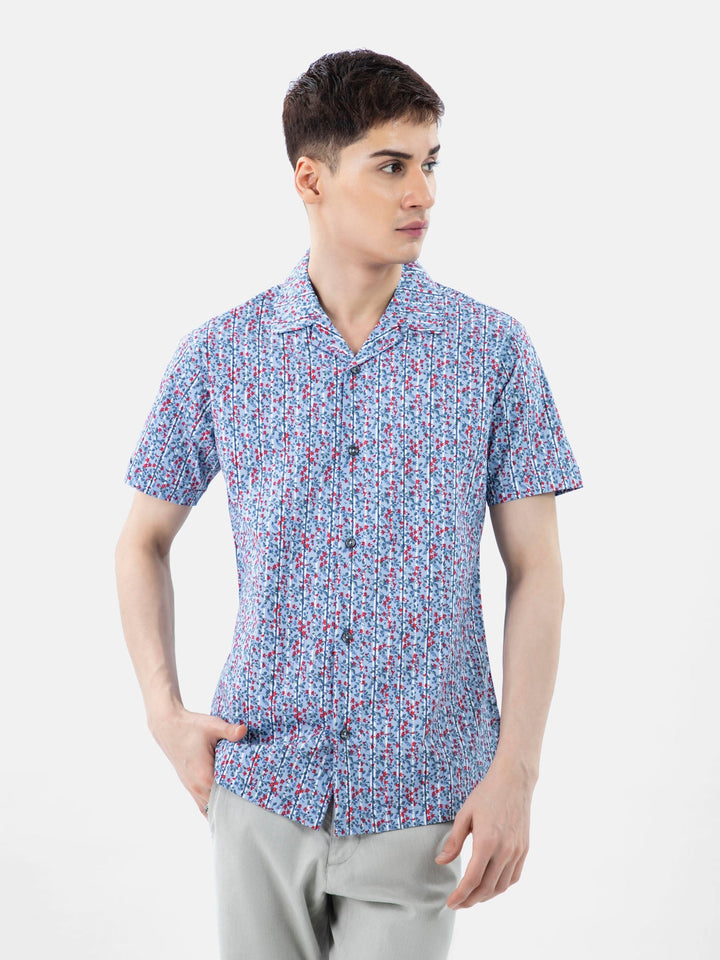Brumano Ready To Wear Shirts Men 1 Piece Cotton Blue & Red Printed Half Sleeve Cuban Collar Shirt 0-33-024-3225 - Summer Collection