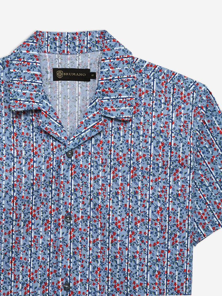 Brumano Ready To Wear Shirts Men 1 Piece Cotton Blue & Red Printed Half Sleeve Cuban Collar Shirt 0-33-024-3225 - Summer Collection