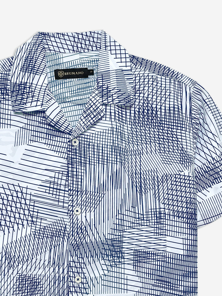 Brumano Ready To Wear Shirts Men 1 Piece Cotton Blue & White Geometric Printed Cuban Collar Shirt 0-33-024-3660 - Summer Collection