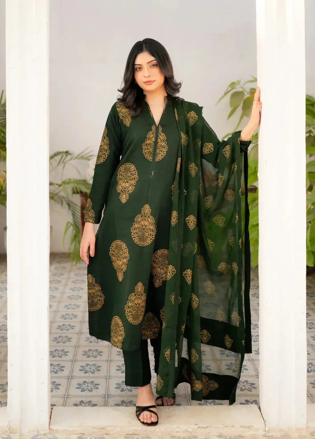 Zauk Women RTW Printed Rawsilk 3 Piece Suit ZK26RC Bottle Green Kurta Set ZAU-BGKS - Casual Collection