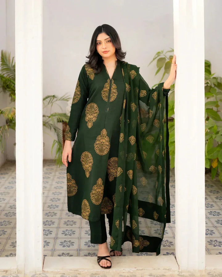 Zauk Women Printed Raw Silk 3 Piece Suit Bottle Green Kurta Set - Eid Collection