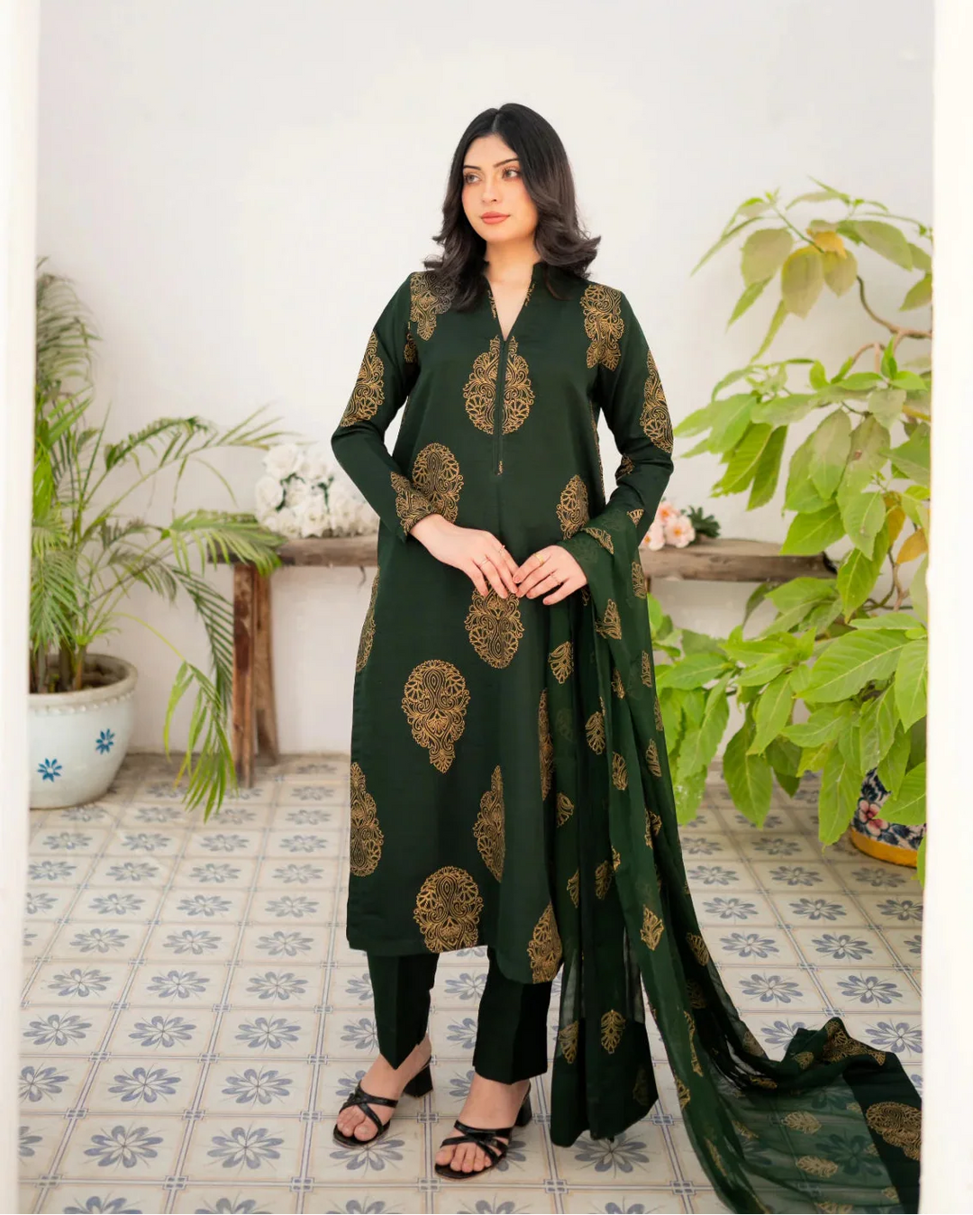Zauk Women Printed Raw Silk 3 Piece Suit Bottle Green Kurta Set - Eid Collection