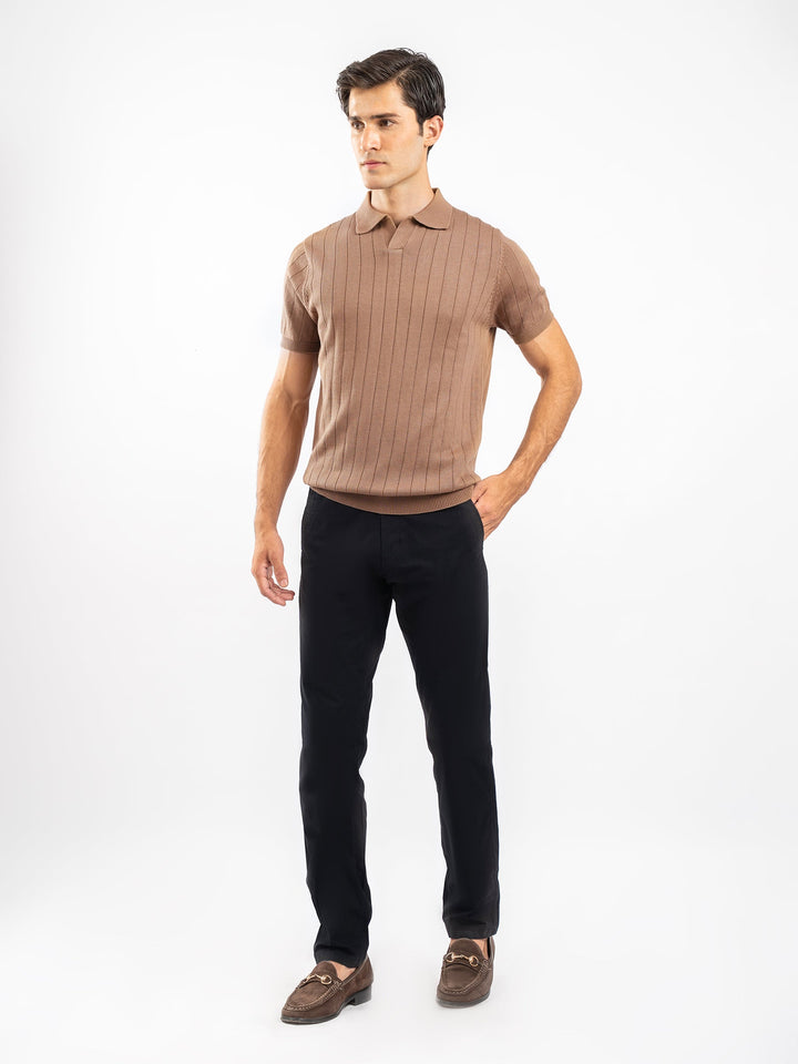 Brumano  Solids Cotton Polo Brown Drop Needle Flat Knit Polo