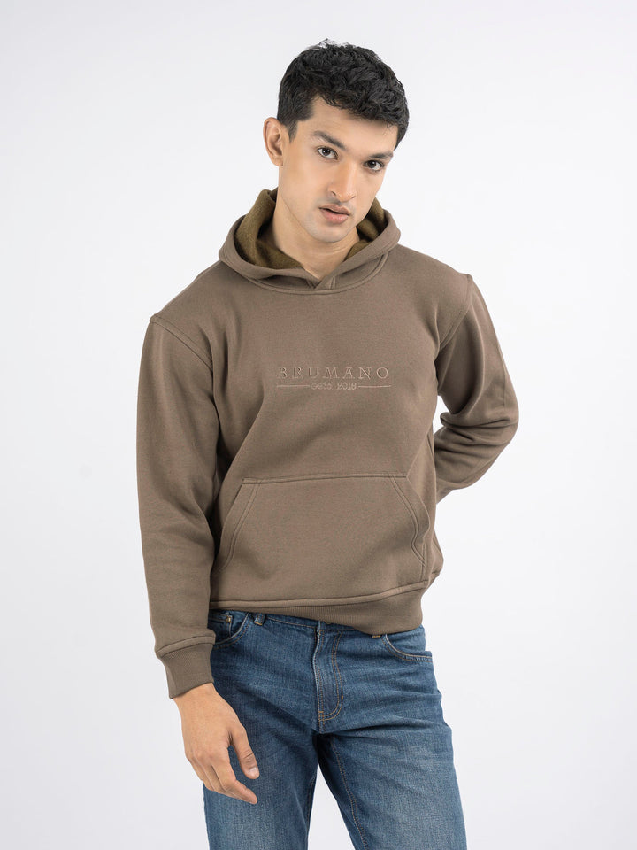 Brumano Embroidered Fleece Brown Embroidered Relaxed Fit Hoodie - Winter Collection