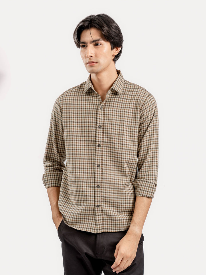 Brumano Ready To Wear Shirts Men 1 Piece Cotton Brown Flannel Gingham Checkered Shirt 0-31-025-4468 - Summer Collection