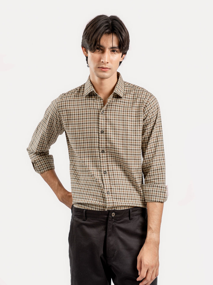 Brumano Ready To Wear Shirts Men 1 Piece Cotton Brown Flannel Gingham Checkered Shirt 0-31-025-4468 - Summer Collection