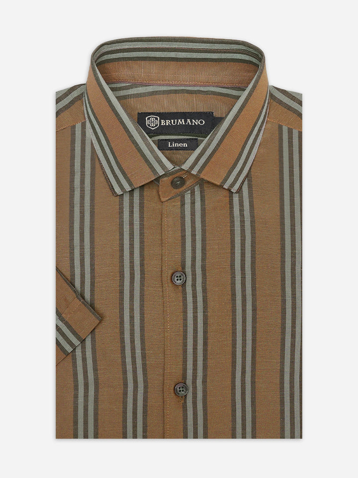 Brumano Ready To Wear Shirts Men 1 Piece Cotton Brown Linen Blended Striped Half Sleeve Shirt 0-33-025-3377 - Summer Collection