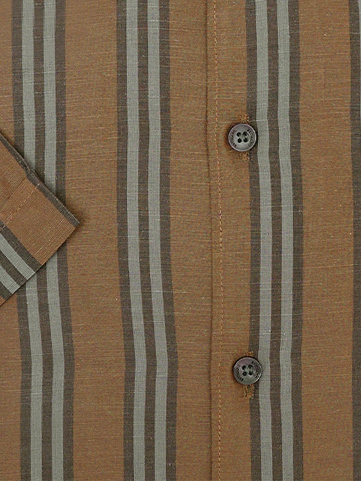 Brumano Ready To Wear Shirts Men 1 Piece Cotton Brown Linen Blended Striped Half Sleeve Shirt 0-33-025-3377 - Summer Collection