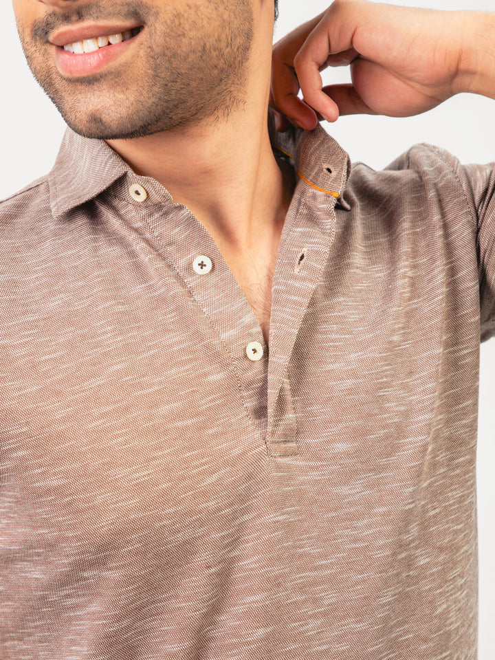 Brumano  Solids Cotton Polo Brown Mercerized Pique Polo With Cutaway Collar