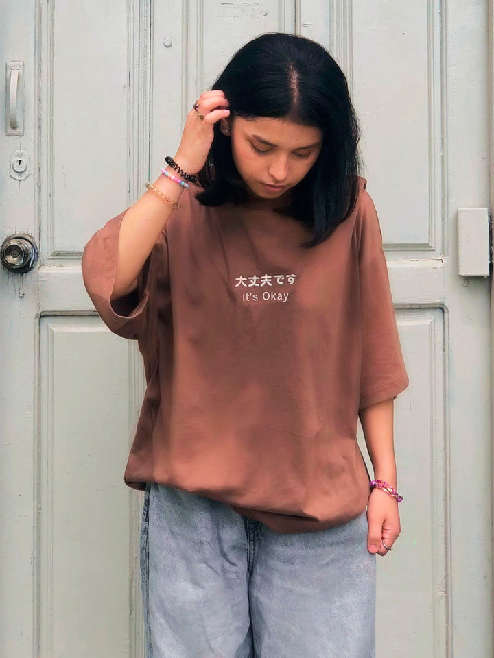 Brumano Cotton Printed Women -Brown Oversized T-Shirt With Minimalist 'Its Okay' Embroidery - Women