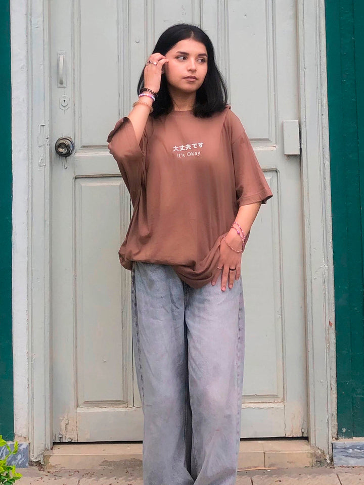 Brumano Cotton Printed Women -Brown Oversized T-Shirt With Minimalist 'Its Okay' Embroidery - Women