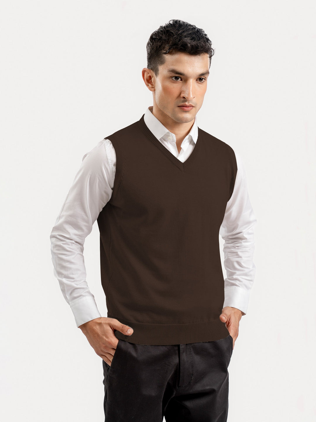 Brumano Mens RTW Solids Cotton 1 Piece Brown Sleeveless V-Neck Sweater Winter Collection