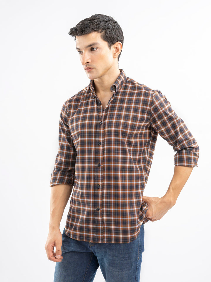 Brumano Ready To Wear Shirts Men 1 Piece Cotton Brown Structured Checkered Shirt 0-31-025-4495 - Summer Collection