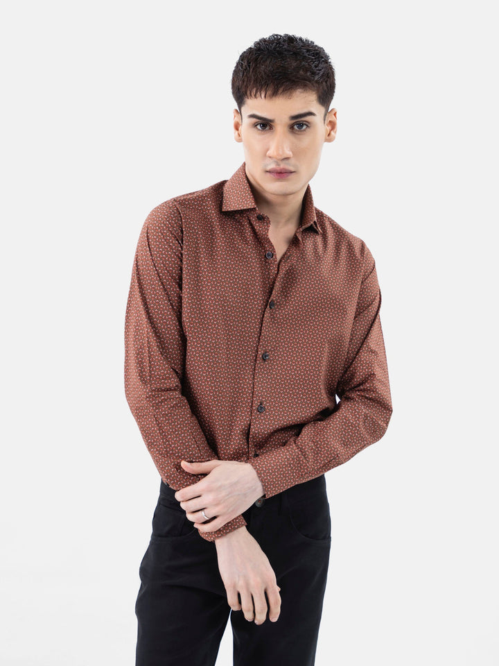 Brumano Ready To Wear Shirts Men 1 Piece Cotton Brown & Red Geometric Printed Shirt 0-32-024-3304 - Summer Collection