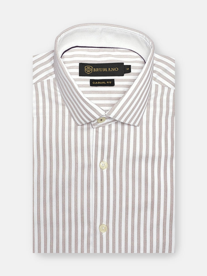 Brumano Ready To Wear Shirts Men 1 Piece Cotton Brown & White Bengal Striped Formal Shirt 0-31-025-4548 - Summer Collection
