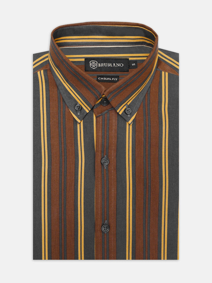 Brumano Ready To Wear Shirts Men 1 Piece Cotton Brown & Yellow Striped Button Down Shirt 0-31-025-4686 - Summer Collection