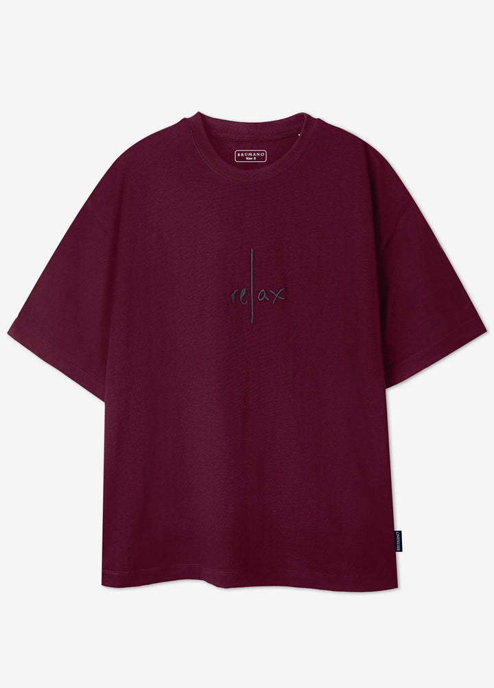 Brumano Cotton Printed Men - Maroon Oversized T-Shirt With Minimalist 'Relax' Embroidery