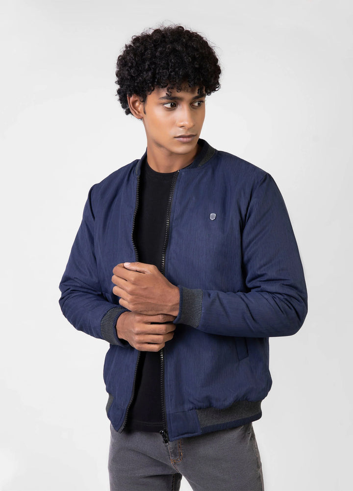 Brumano Pret Solids Polyester 1 Piece Navy Blue Quilted Bomber Jacket With Contrasting Rib