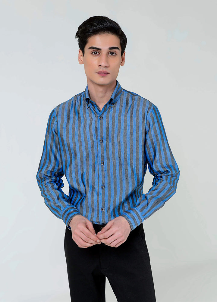 Brumano Ready To Wear Solids  Linen 1 Piece Men Blue & Grey Bold Striped Linen & Silk Shirt 0-31-023-2034 - Winter Collection