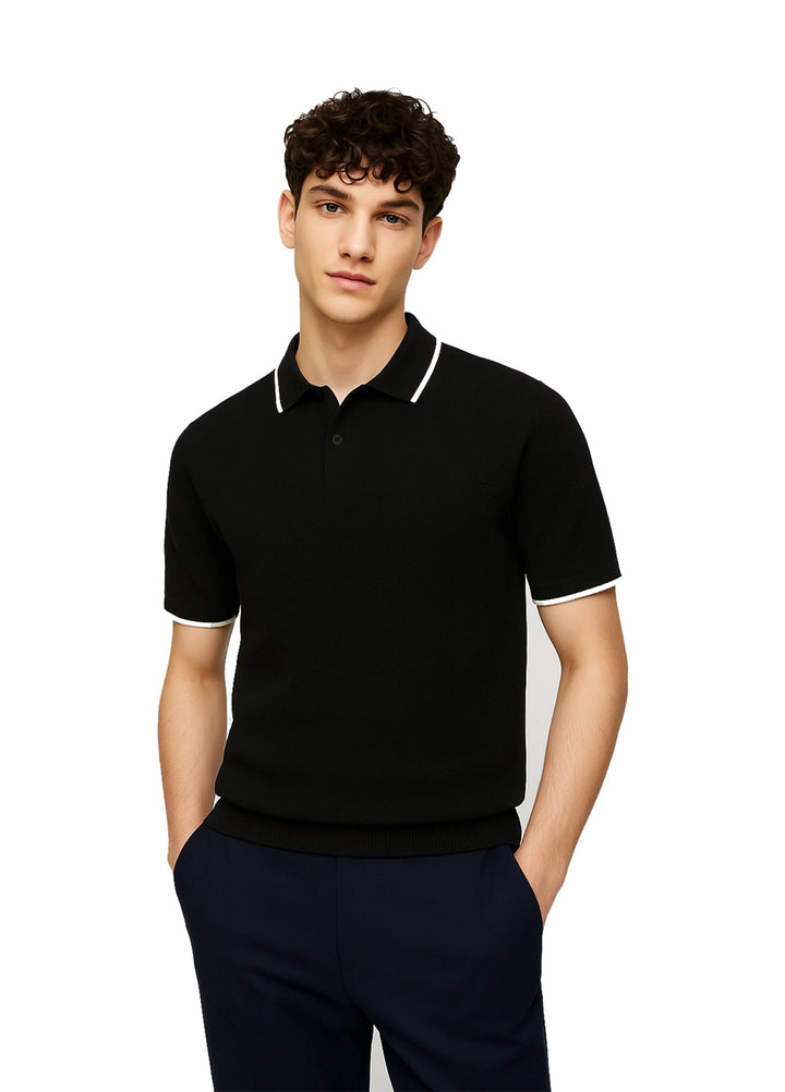 Brumano  Solids Cotton Polo Black Flat Knit Polo With Tipped Collar