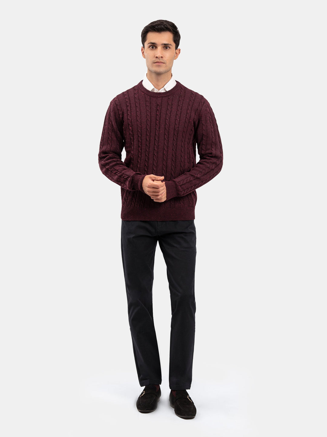 Brumano Mens RTW Solids Cotton 1 Piece Suit Burgundy Cable Crew Neck Winter Collection