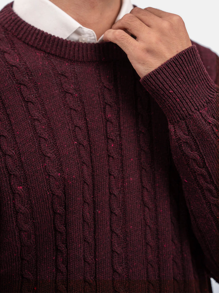 Brumano Mens RTW Solids Cotton 1 Piece Suit Burgundy Cable Crew Neck Winter Collection