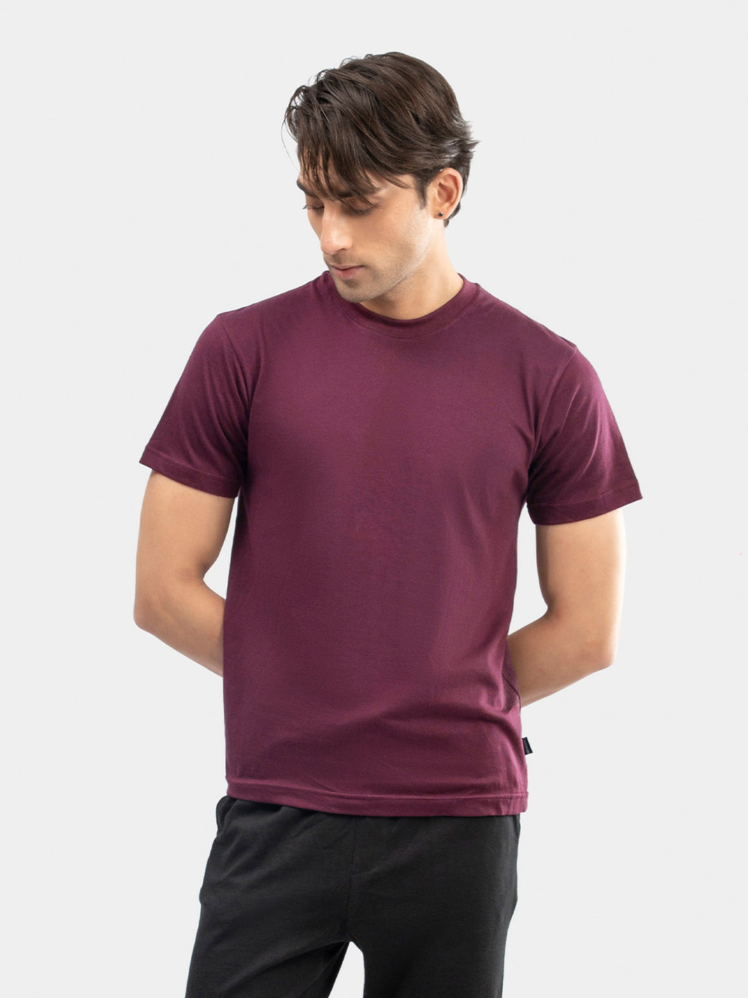 Brumano Mens T-Shirt RTW Solids Cotton Burgundy Regular Crew Neck Casual Collection