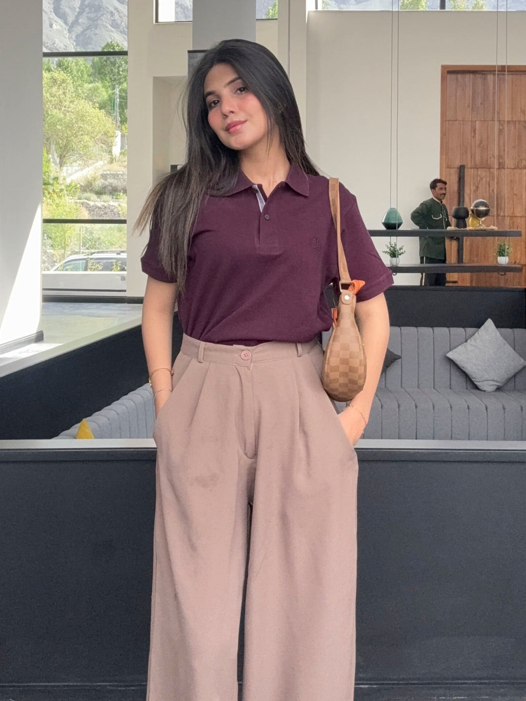 Brumano Solids Burgundy 100% Cotton Pique Polo - Women