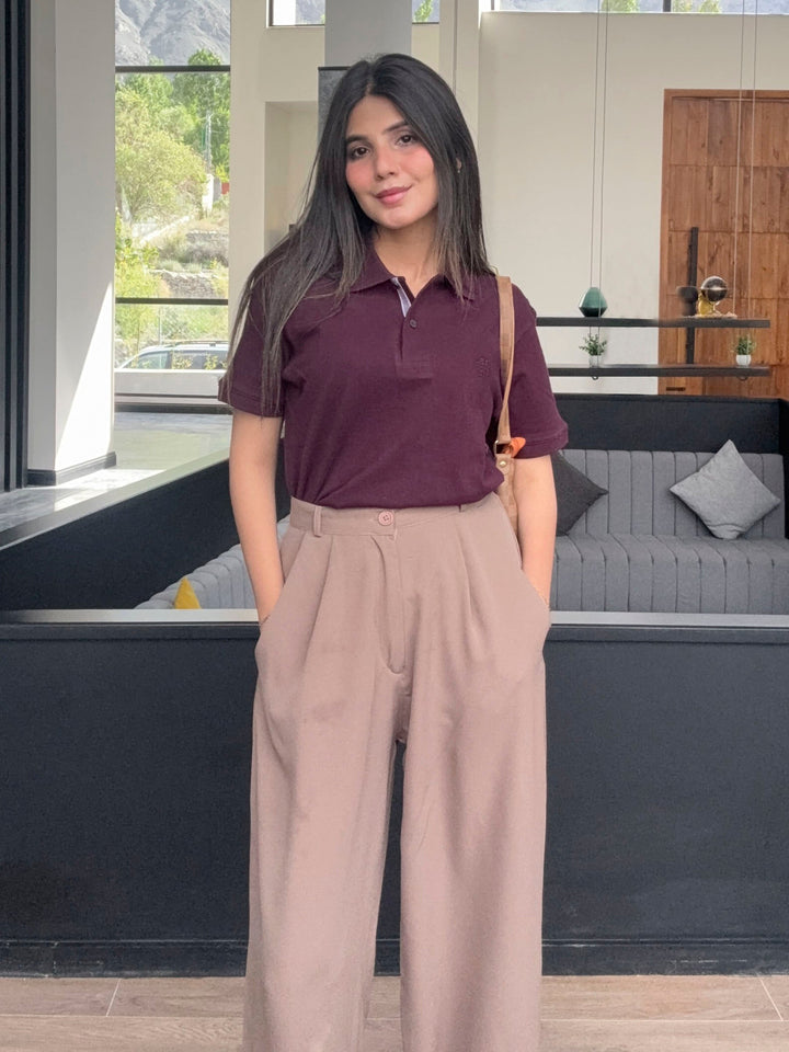 Brumano Solids Burgundy 100% Cotton Pique Polo - Women