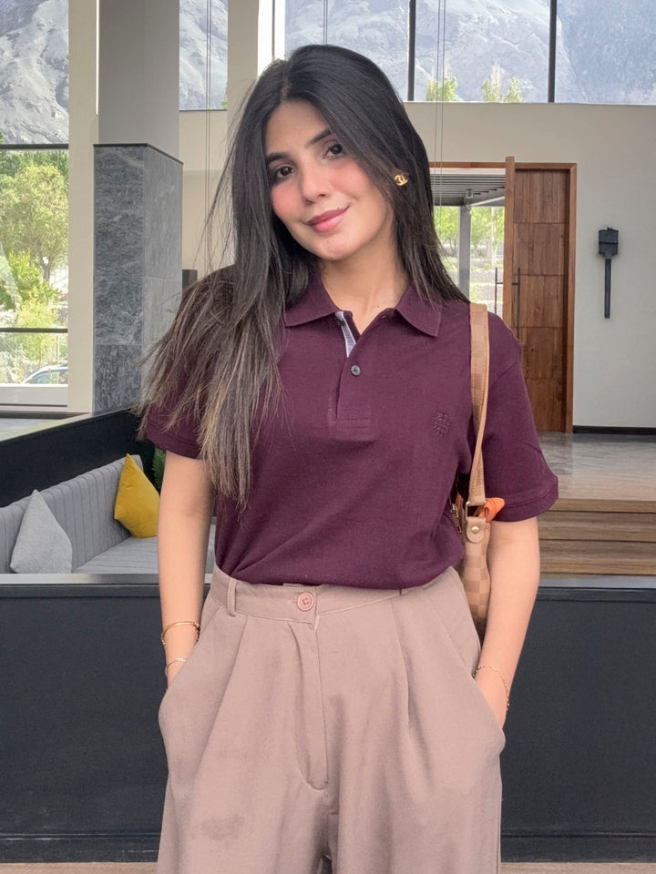 Brumano Solids Burgundy 100% Cotton Pique Polo - Women