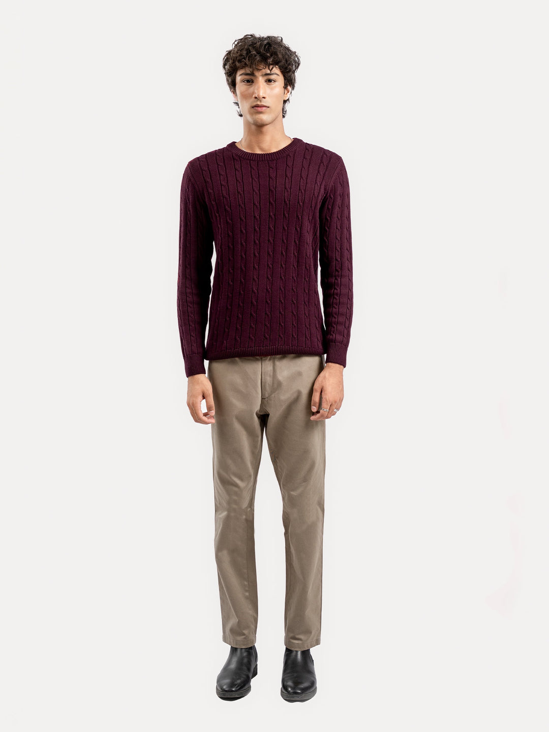 Brumano Mens RTW Solids Cotton 1 Piece Burgundy Cable Knitted Crew Neck Winter Collection