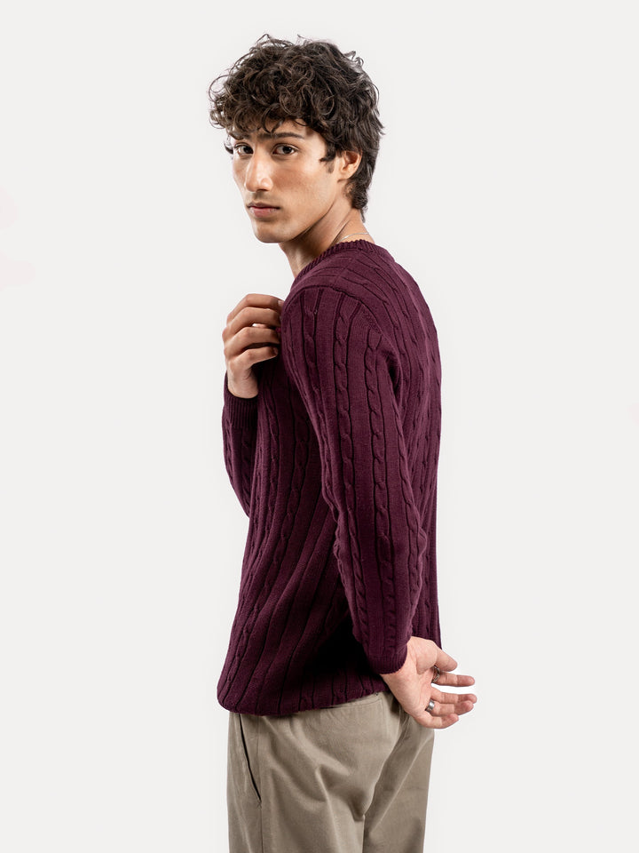 Brumano Mens RTW Solids Cotton 1 Piece Burgundy Cable Knitted Crew Neck Winter Collection