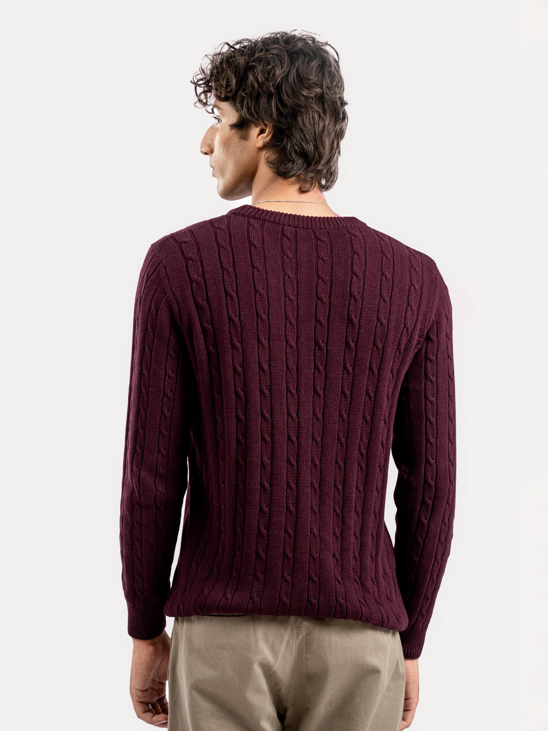 Brumano Mens RTW Solids Cotton 1 Piece Burgundy Cable Knitted Crew Neck Winter Collection
