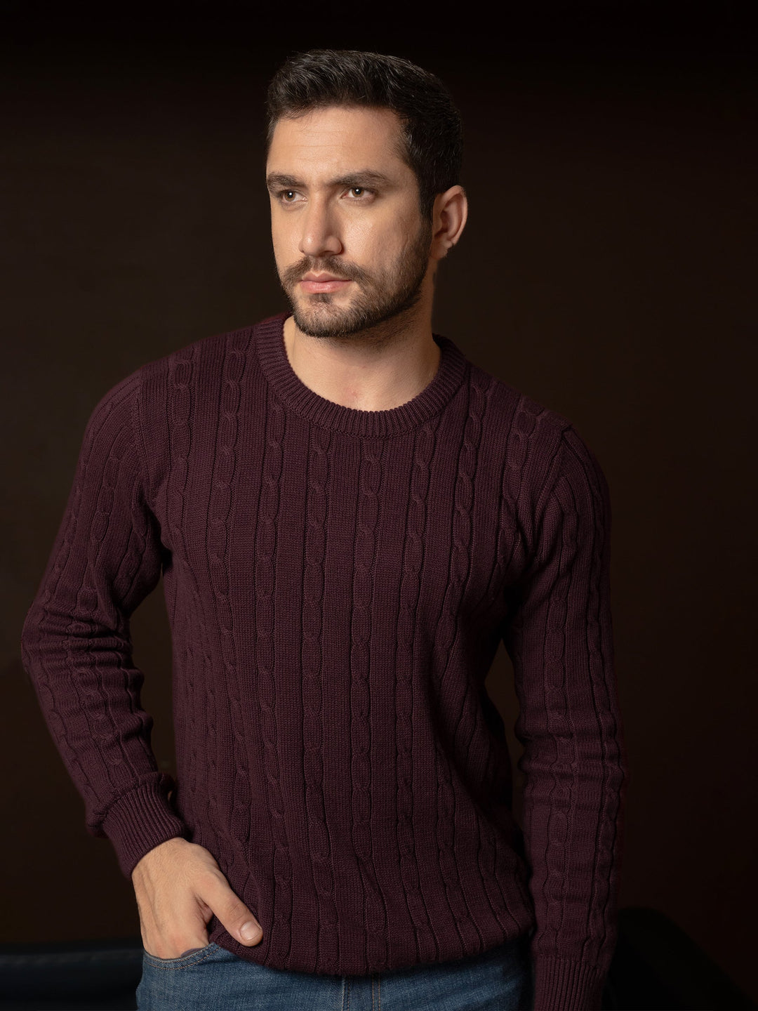Brumano Mens RTW Solids Cotton 1 Piece Burgundy Cable Knitted Crew Neck Winter Collection
