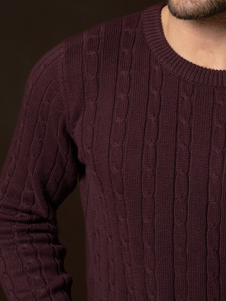 Brumano Mens RTW Solids Cotton 1 Piece Burgundy Cable Knitted Crew Neck Winter Collection