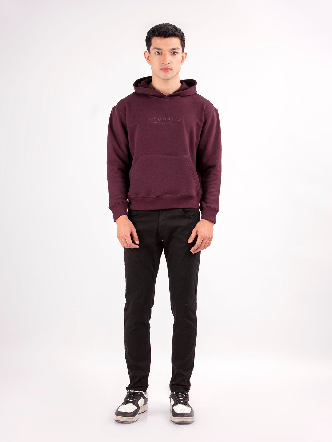 Brumano Embroidered Fleece Burgundy Embroidered Relaxed Fit Hoodie - Winter Collection