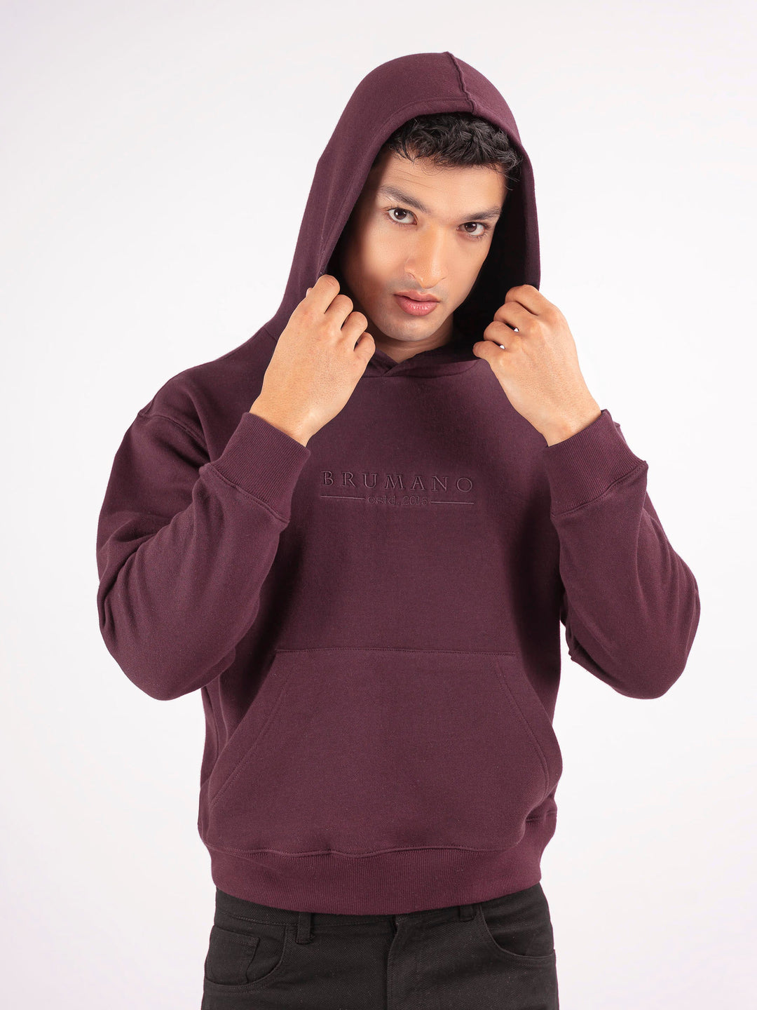 Brumano Mens RTW Solids Cotton 1 Piece Burgundy Relaxed Fit Hoodie Winter Collection