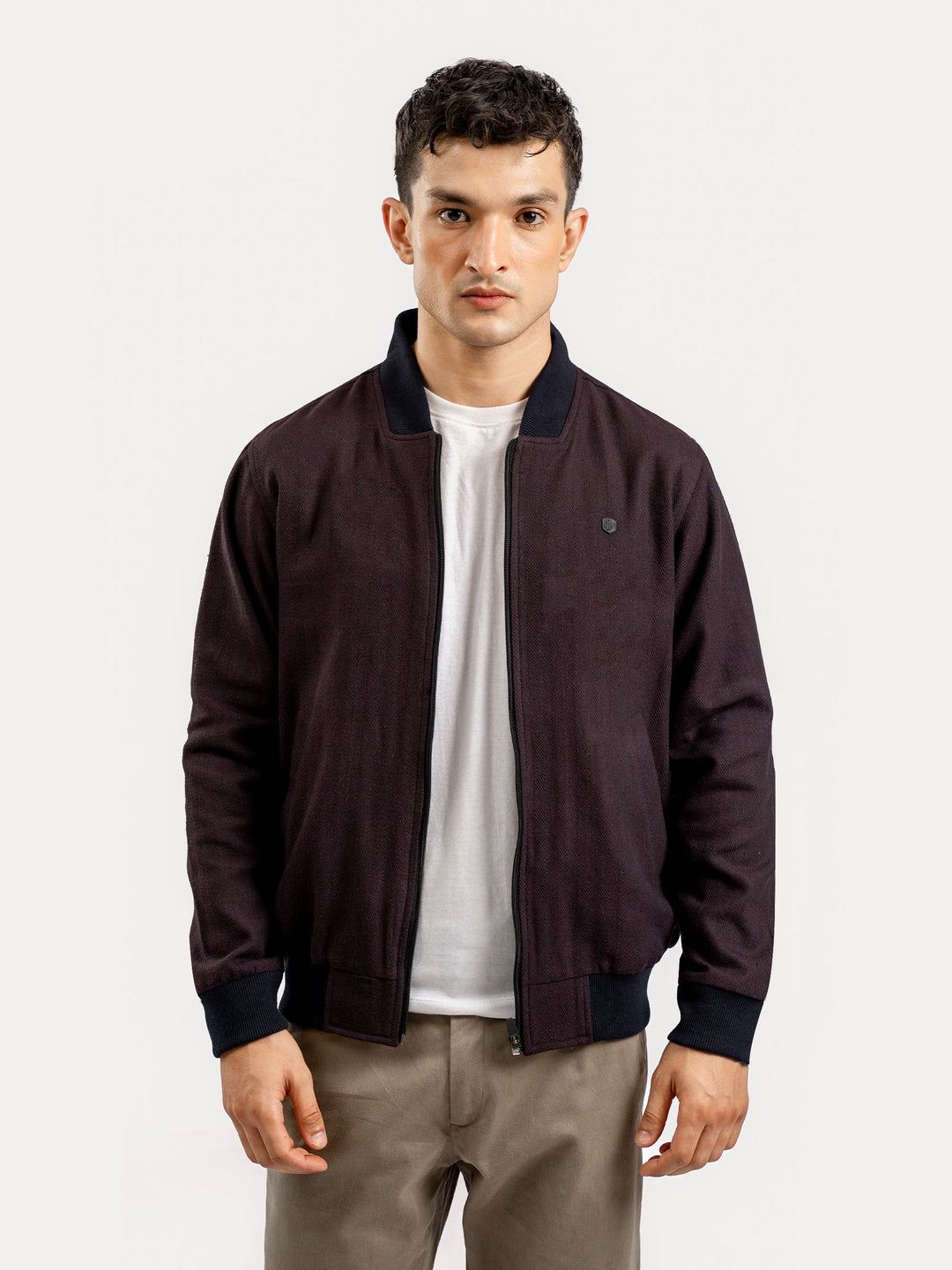 Brumano Mens RTW Solids Cotton Jacket Burgundy Herringbone Bomber Jacket Winter Collection
