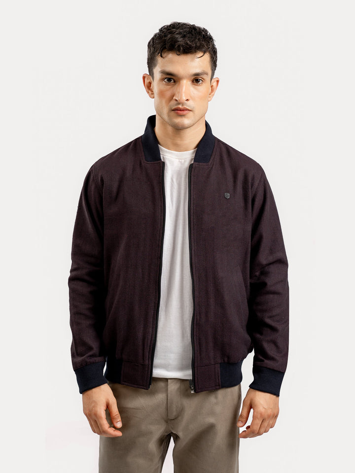 Brumano Mens RTW Solids Cotton Jacket Burgundy Herringbone Bomber Jacket Winter Collection