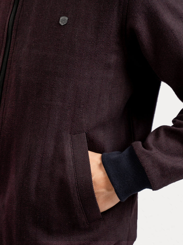 Brumano Mens RTW Solids Cotton Jacket Burgundy Herringbone Bomber Jacket Winter Collection