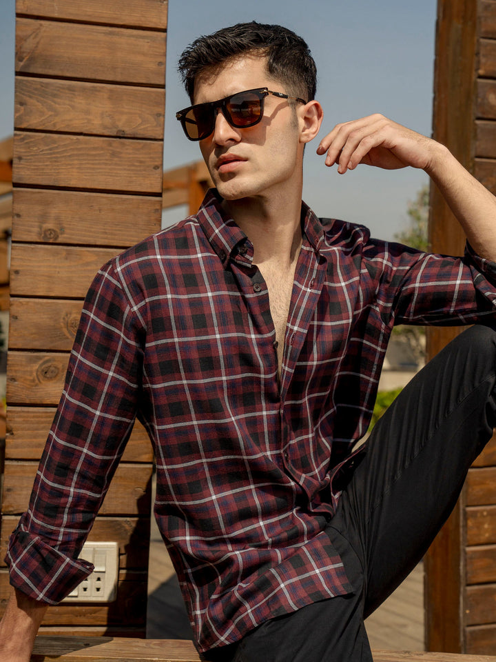 Brumano Ready To Wear Shirts Men 1 Piece Cotton Burgundy Light Weight Checkered Shirt 0-31-025-3964 - Summer Collection