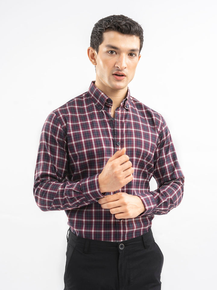 Brumano Ready To Wear Shirts Men 1 Piece Cotton Burgundy Structured Checkered Shirt 0-31-025-4502 - Summer Collection
